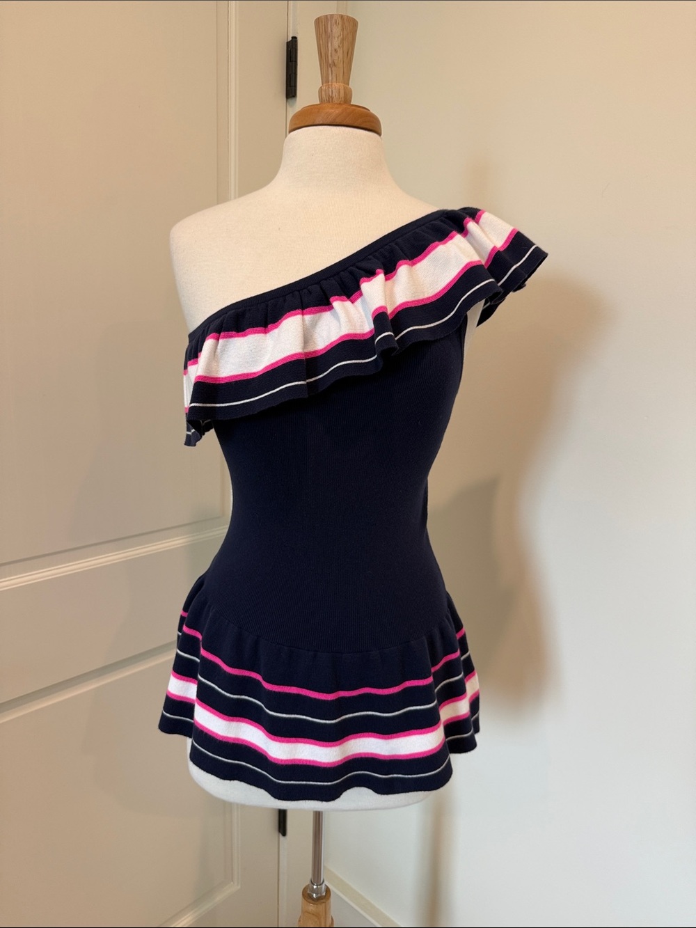 Lilly Pulitzer Navy One-Shoulder Ruffle Top with Pink & White Stripes